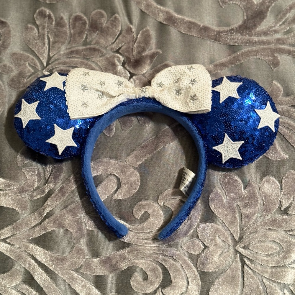 Disney Parks Blue and White Stars Sequined Minnie Ears with White Bow
